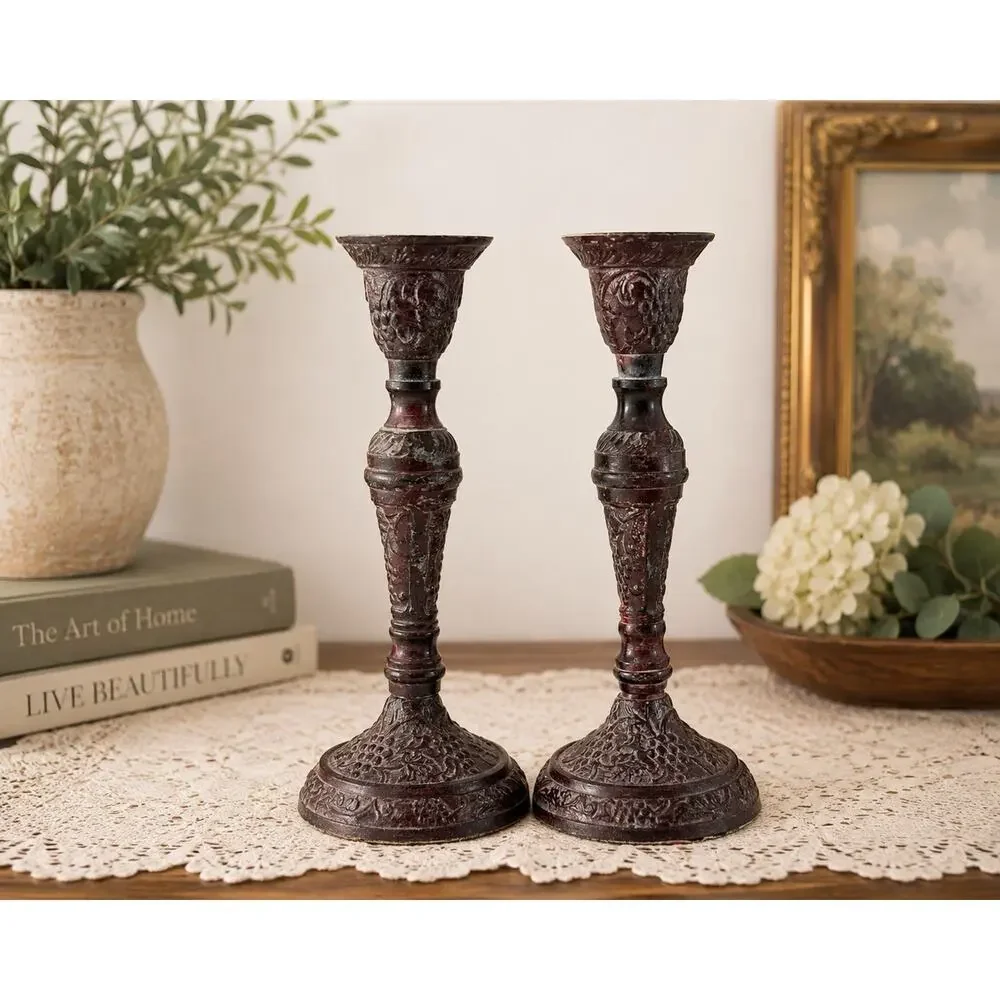 Pair Ornate Metal Candlestick Holders 6.8” Antiqued Burgundy Victorian Style